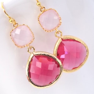Pink Earrings, Glass, Fuschia Earrings, Gold, Dangle, Drop, Soft Pink, Hot Pink, Wedding Jewelry, Bridesmaid Earringsl, Bridesmaid Gift