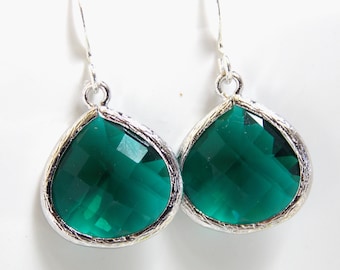 Emerald Earrings, Glass Earrings, Green Earrings, Silver Emerald, Dark Green, Bridesmaid Earrings, Bridal Earrings Jewelry, Bridesmaid Gift