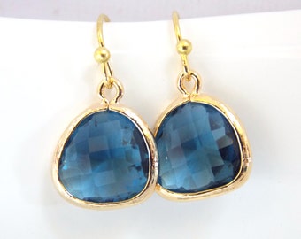 Gold Blue Earrings, Glass, Navy Blue Earrings, Dark Blue, Montana Blue, Bridesmaid Earrings, Bridal Earrings Jewelry, Bridesmaid Gift