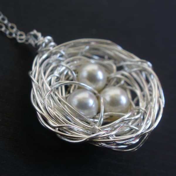 Mother's Necklace, Mother's Jewelry, Mother's Gift, Sterling Silver Bird Nest Necklace with Swarovski Pearls, Wire Wrapped, Nest Necklace