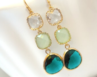Emerald Earrings, Green Earrings, Mint, White, Long Gold Earrings, Bridesmaid Jewelry, Bridesmaid Earrings, Bridal Jewelry, Bridesmaid Gift