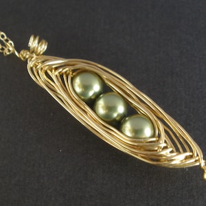Peapod Necklace, Gold Filled, Gold Pea Pod, Peas in a Pod Necklace, Pea in a Pod, Mothers Necklace, Green Pearl, Wire Wrapped, Birthday Gift