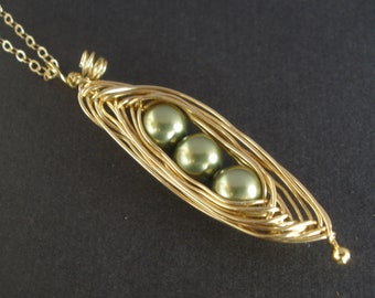 Collier pois, or rempli, cosse de petits pois, collier pois dans une cosse, pois dans une cosse, collier pour mères, perle verte, fil emballé, cadeau d'anniversaire