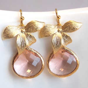 Peach Earrings, Glass, Champagne, Crystal Gold Earrings, Flower, Dangle, Drop, Wedding Jewelry, Bridesmaid Earrings, Bridesmaid Gifts