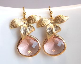 Peach Earrings, Glass, Champagne, Crystal Gold Earrings, Flower, Dangle, Drop, Wedding Jewelry, Bridesmaid Earrings, Bridesmaid Gifts