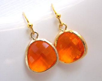 Orange Earrings, Glass Earrings, Tangerine, Gold Earrings, Carnelian, Bridesmaid Earrings, Bridal Earrings Jewelry, Bridesmaid Gifts
