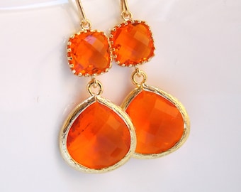 Orange Earrings, Glass Earrings, Tangerine, Gold Earrings, Carnelian, Bridesmaid Earrings, Bridal Earrings Jewelry, Bridesmaid Gift