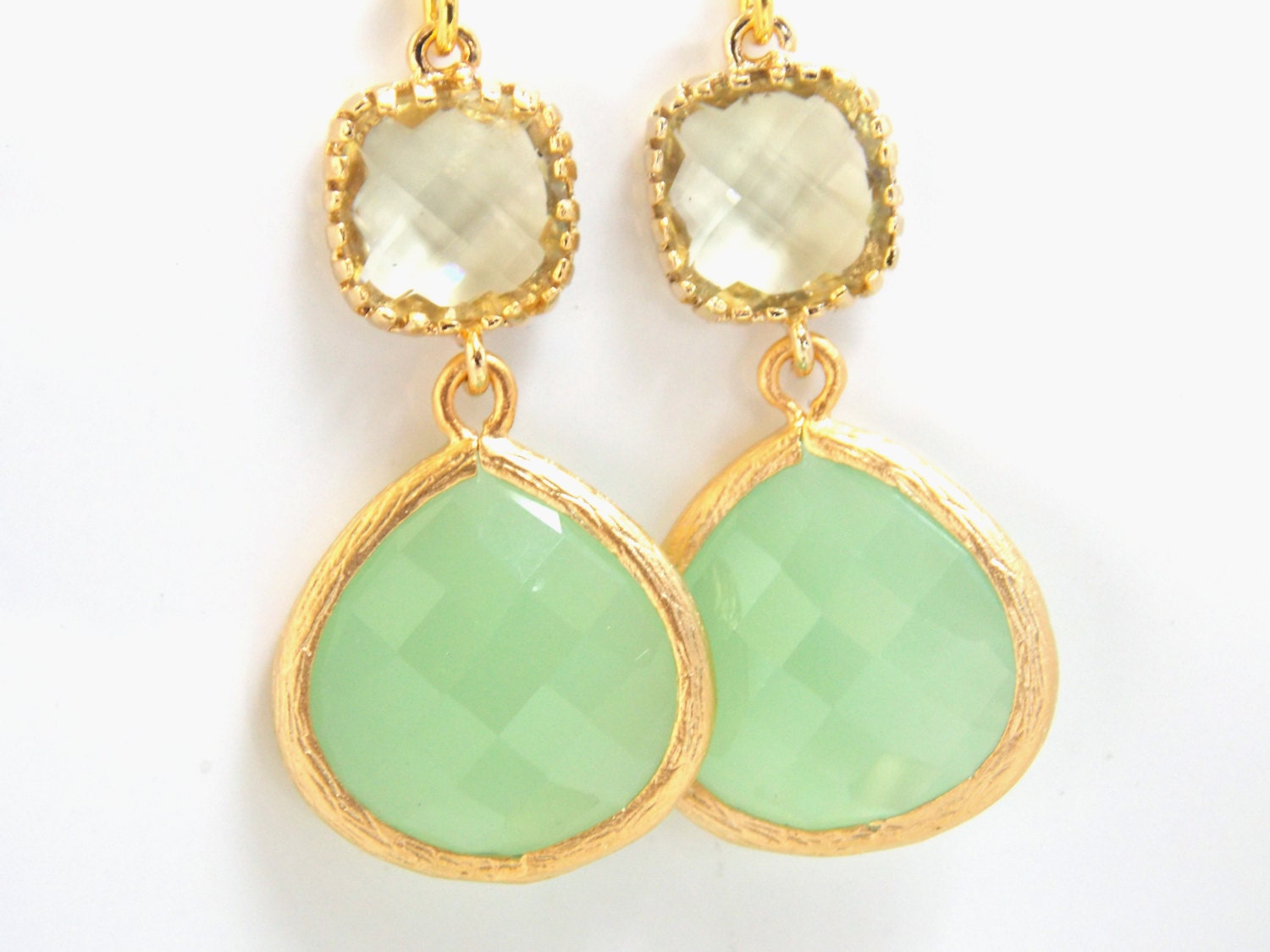 Gold Green Mint Earrings Light Green Earrings Yellow Gold Etsy