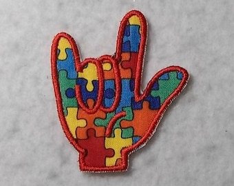 I Love You Sign Language (ASL) (puzzle piece) - MADE to ORDER - Choose Color and Size - fabric Iron on Applique Patch 6241