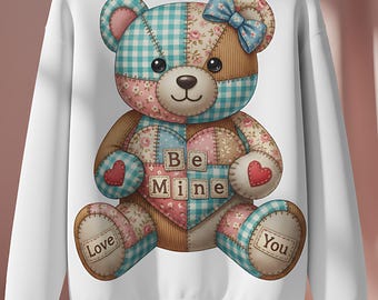 Valentine's Day Teddy Bear Png, Patchwork Coquette Valentine Png Heart Design, Be Mine Sublimation Gift