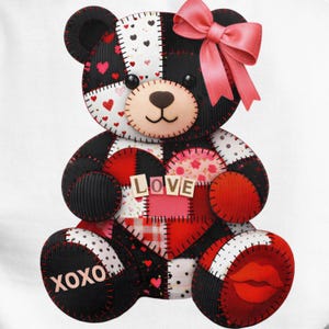 May include: A patchwork teddy bear with a pink bow, featuring black, red, and white patches. The bear holds a heart with the word "LOVE" and has "XOXO" on one paw, and a red lip print on the other.