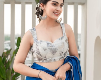 White Viscose Rayon Sequin Blouse||White & Silver  Embroidery||Sleeveless with Keyhole Back