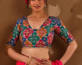 Multicolored Zari Embroidered Glass Neck Elbow Length Sleeve Blouse | Wedding Designer Blouse