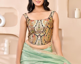 Bridal Wear Banarasi Corset Blouse | Woven Brocade Sleeveless Blouse for Saree & Lehenga