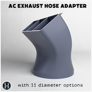 Puede incluir: Un adaptador de manguera de escape de aire acondicionado gris con un cuerpo curvo y cónico, y una abertura rectangular dividida en tres secciones. El texto AC EXHAUST HOSE ADAPTER with 11 diameter options aparece en letras negras.