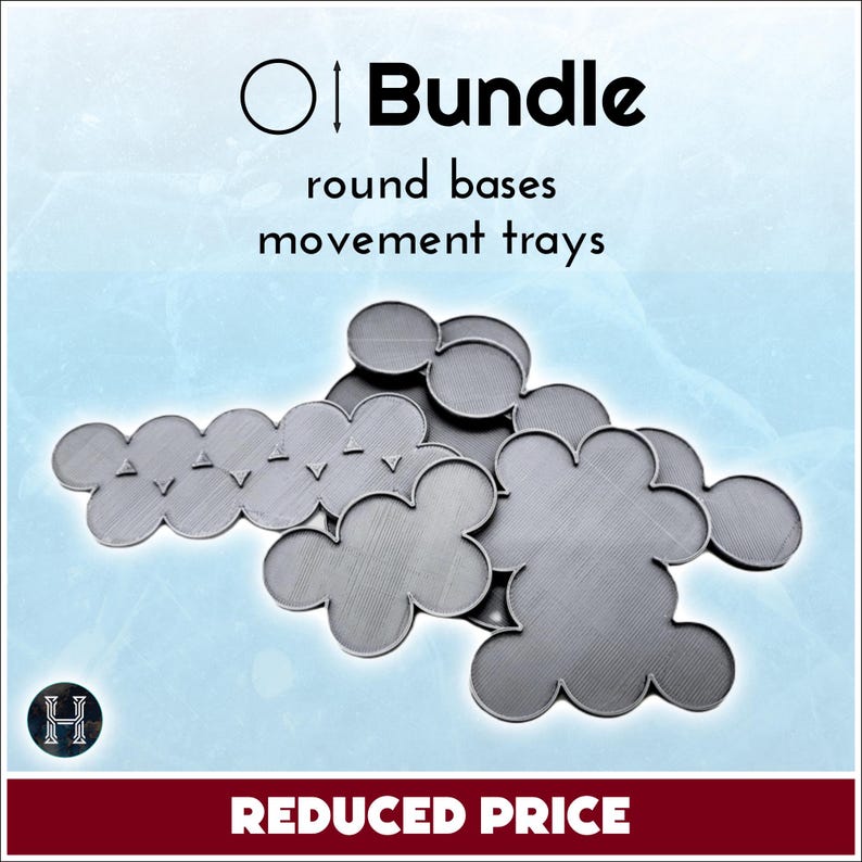 May include: A bundle of gray round bases and movement trays. The image includes text that reads "Bundle", "round bases", "movement trays", and "Reduced Price". The items are arranged on a light blue background.