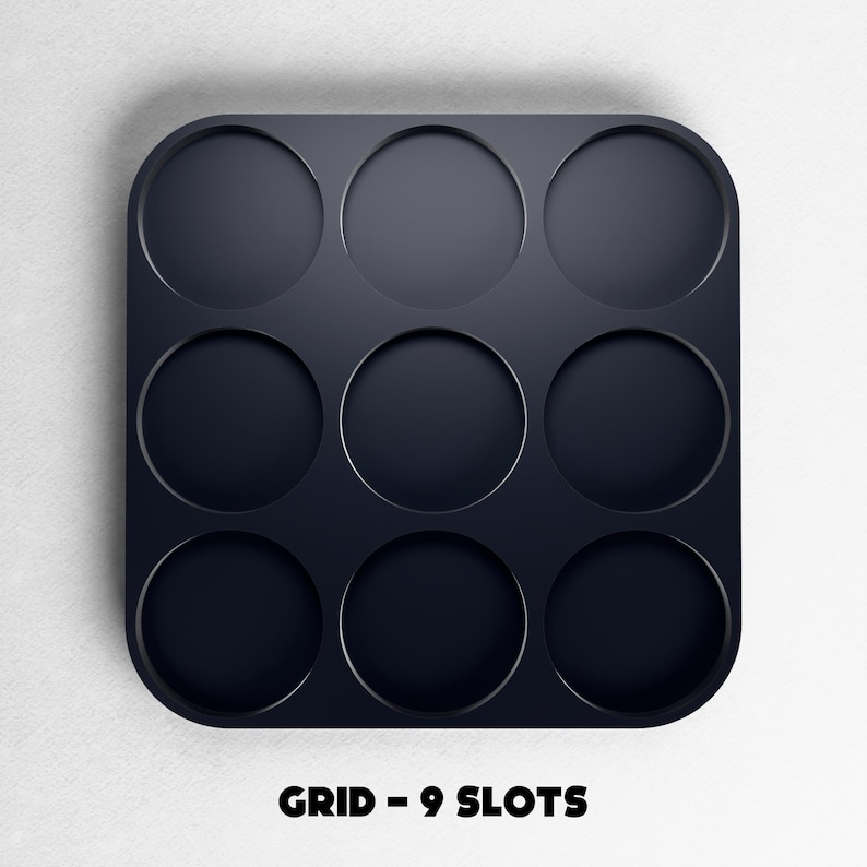 May include: A dark navy blue grid with nine circular slots. The grid has rounded corners and is set against a white background. The text "GRID - 9 SLOTS" is printed in bold, black capital letters at the bottom of the image.