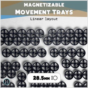 May include: Black plastic movement trays arranged in a linear pattern. The trays are circular with a cross design and measure 2.85cm in diameter. The image includes the text "MAGNETIZABLE MOVEMENT TRAYS" and "Linear layout".