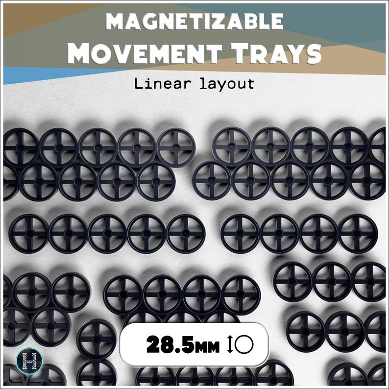 Pode incluir: Bandejas de movimento magnetiz&aacute;veis de pl&aacute;stico preto em disposi&ccedil;&atilde;o linear. As bandejas redondas, com design de cruz, medem 2,85 cm de di&acirc;metro. O texto "MAGNETIZABLE MOVEMENT TRAYS" e "Linear layout" est&aacute; inclu&iacute;do.