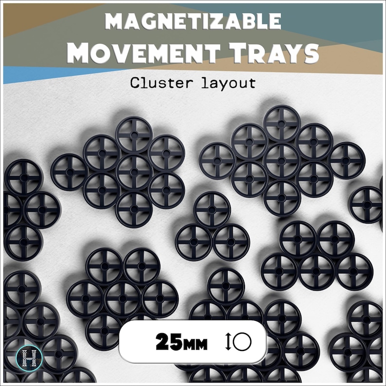 May include: Black magnetizable movement trays arranged in a cluster layout. The trays are 25mm in diameter and feature a wheel-like design. The text "MAGNETIZABLE MOVEMENT TRAYS" and "Cluster layout" are displayed at the top.