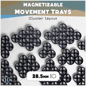 Puede incluir: Bandejas de movimiento circulares negras dispuestas en grupos. Las bandejas tienen 2,85 cm de diámetro y presentan un diseño en forma de cruz. La imagen incluye el texto "MAGNETIZABLE MOVEMENT TRAYS" y "Cluster layout".