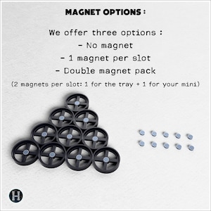 May include: The image displays black plastic wheel-shaped objects and small, circular magnets. Text at the top reads "MAGNET OPTIONS" and lists three options: no magnet, one magnet per slot, and a double magnet pack.