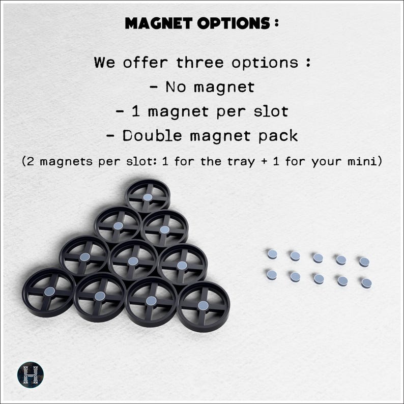 May include: The image displays black plastic wheel-shaped objects and small, circular magnets. Text at the top reads "MAGNET OPTIONS" and lists three options: no magnet, one magnet per slot, and a double magnet pack.