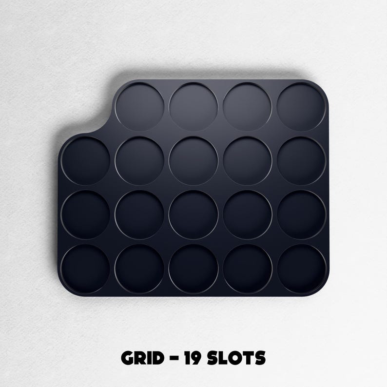 May include: A dark navy blue grid with 19 circular slots. The grid has a rounded rectangular shape with a curved edge on the left side. The text "GRID - 19 SLOTS" is printed in black at the bottom of the image.