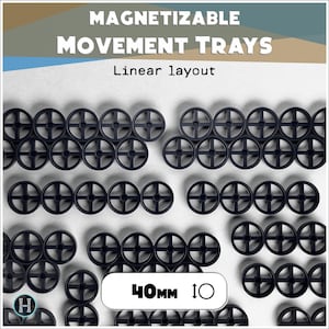 Puede incluir: Bandejas de movimiento de plástico negro para juegos de mesa, dispuestas en un diseño lineal. Cada bandeja tiene un diámetro de 40 mm, indicado en una etiqueta blanca. El texto "MAGNETIZABLE MOVEMENT TRAYS" está presente.