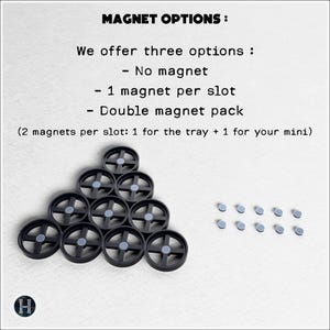 May include: Image shows black plastic wheel-shaped components and small, round magnets. Text at the top reads "MAGNET OPTIONS" and lists three options: no magnet, one magnet per slot, and a double magnet pack.