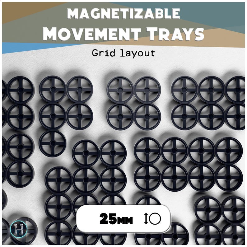 May include: Black, circular movement trays arranged in a grid. Each tray is 2.5cm in diameter and magnetizable. The image includes the text "MAGNETIZABLE MOVEMENT TRAYS" and "Grid layout".