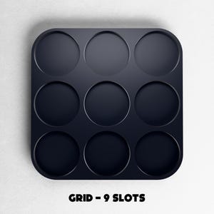 May include: A dark navy blue grid with nine circular slots. The grid has rounded corners and is set against a white background. The text "GRID - 9 SLOTS" is printed in bold, black letters at the bottom of the image.
