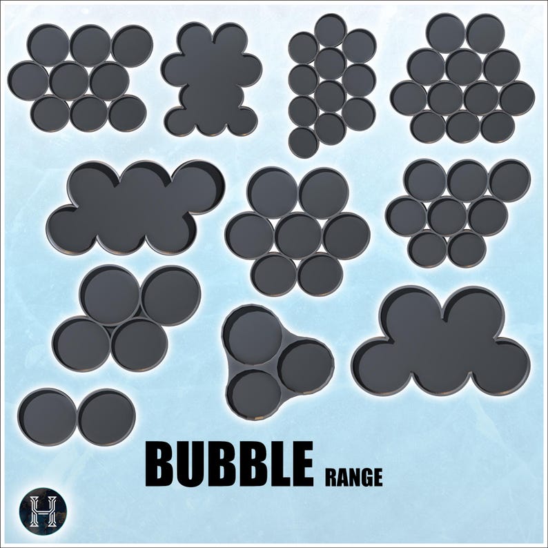 May include: A collection of dark gray, bubble-shaped trays in various configurations. The trays are arranged in clusters and cloud-like shapes. The text "BUBBLE RANGE" is displayed in white, with a logo in the lower left corner.