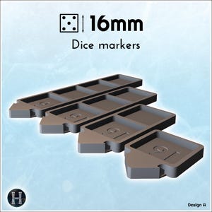 Peut inclure: Quatre marqueurs de dés bruns, chacun avec un design rectangulaire et une zone en retrait. Le texte "16mm" et "Dice markers" est affiché au-dessus des marqueurs. Les marqueurs sont étiquetés "Design A".