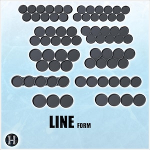 May include: Arrangement of dark gray, circular bases in various configurations. The bases are displayed on a light blue background with the text "LINE FORM" in black. A logo is in the bottom left corner.
