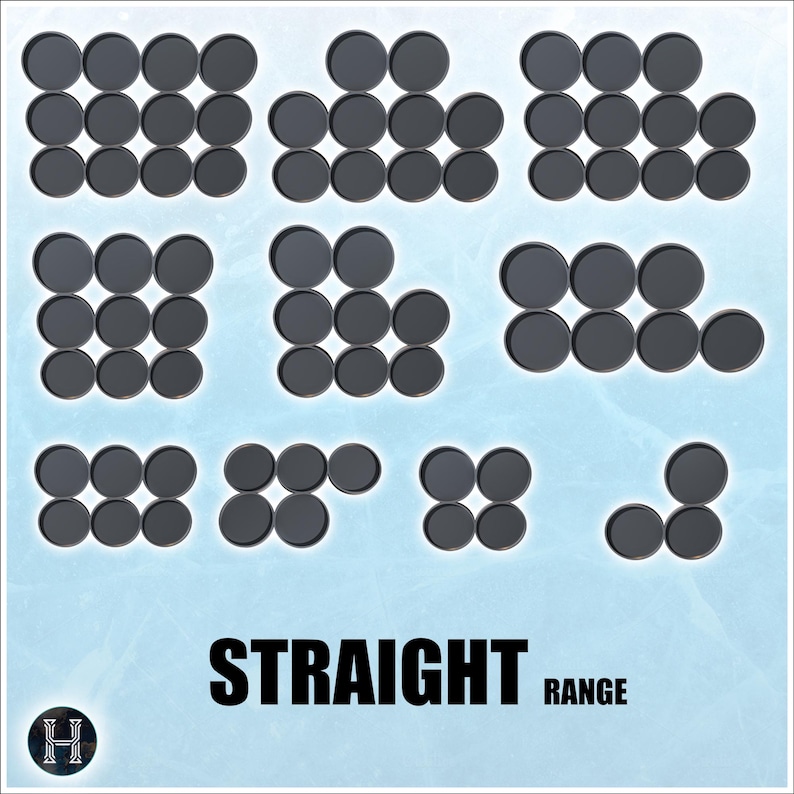 May include: Arrangement of black, circular bases for miniatures, displayed in various configurations. The bases are arranged on a light blue background with the text "STRAIGHT RANGE" at the bottom. A logo is in the lower left corner.