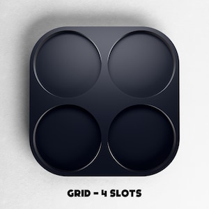 May include: A dark navy blue grid with four circular slots. The grid has rounded corners and is set against a white background. The text "GRID - 4 SLOTS" is displayed in black at the bottom of the image.