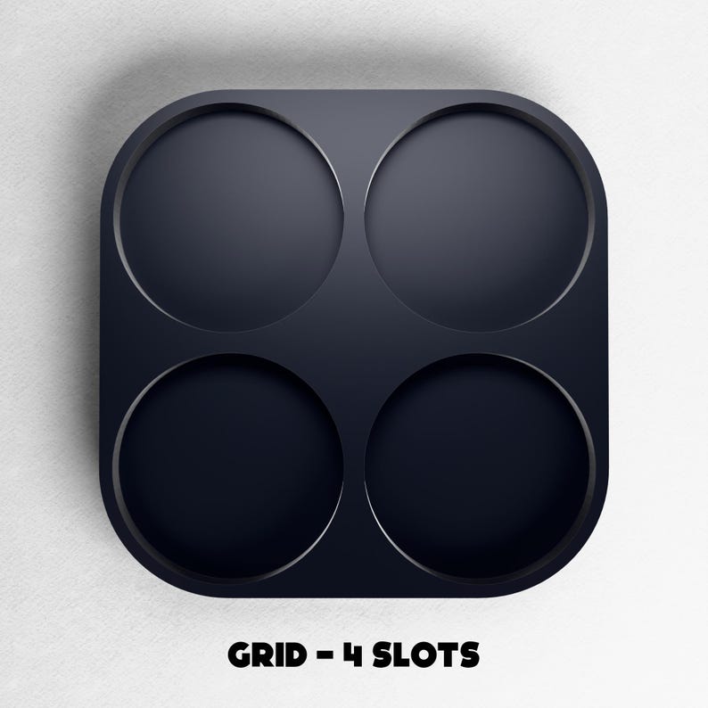 May include: A dark navy blue grid with four circular slots. The grid has rounded corners and is set against a white background. The text "GRID - 4 SLOTS" is displayed in black at the bottom of the image.