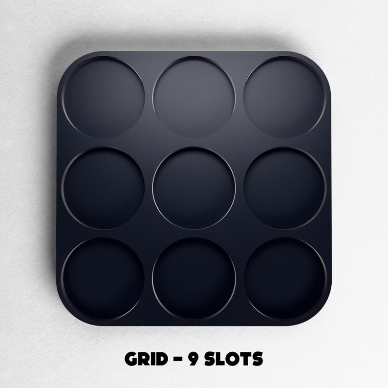 May include: A dark navy blue grid with nine circular slots. The grid is square with rounded corners. The text "GRID - 9 SLOTS" is printed in bold white letters at the bottom of the image.