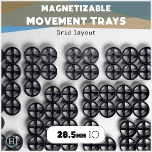 Magnetic movement tray | Grid layout | 28.5mm bases | Wargaming unit trays | Compatible with 40k & AoS | 2 to 20 slots options