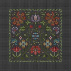 May include: A cross-stitch design with a symmetrical floral pattern in orange, blue, red, and purple on a dark grey background. The design includes stylized flowers, leaves, and a decorative border, creating a folk art aesthetic.