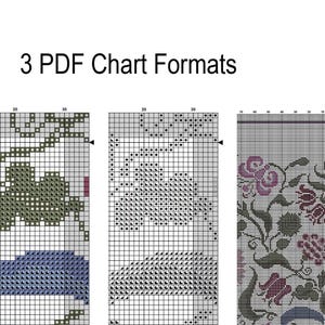 May include: Three PDF cross-stitch chart formats are shown. The charts feature floral and botanical designs in various colours, including green, blue, and purple. The text "3 PDF Chart Formats" is at the top of the image.