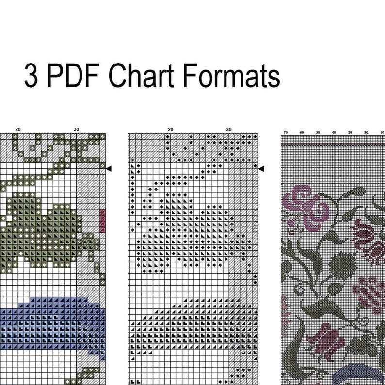 May include: Three PDF cross-stitch chart formats are shown. The charts feature floral and botanical designs in various colours, including green, blue, and purple. The text "3 PDF Chart Formats" is at the top of the image.