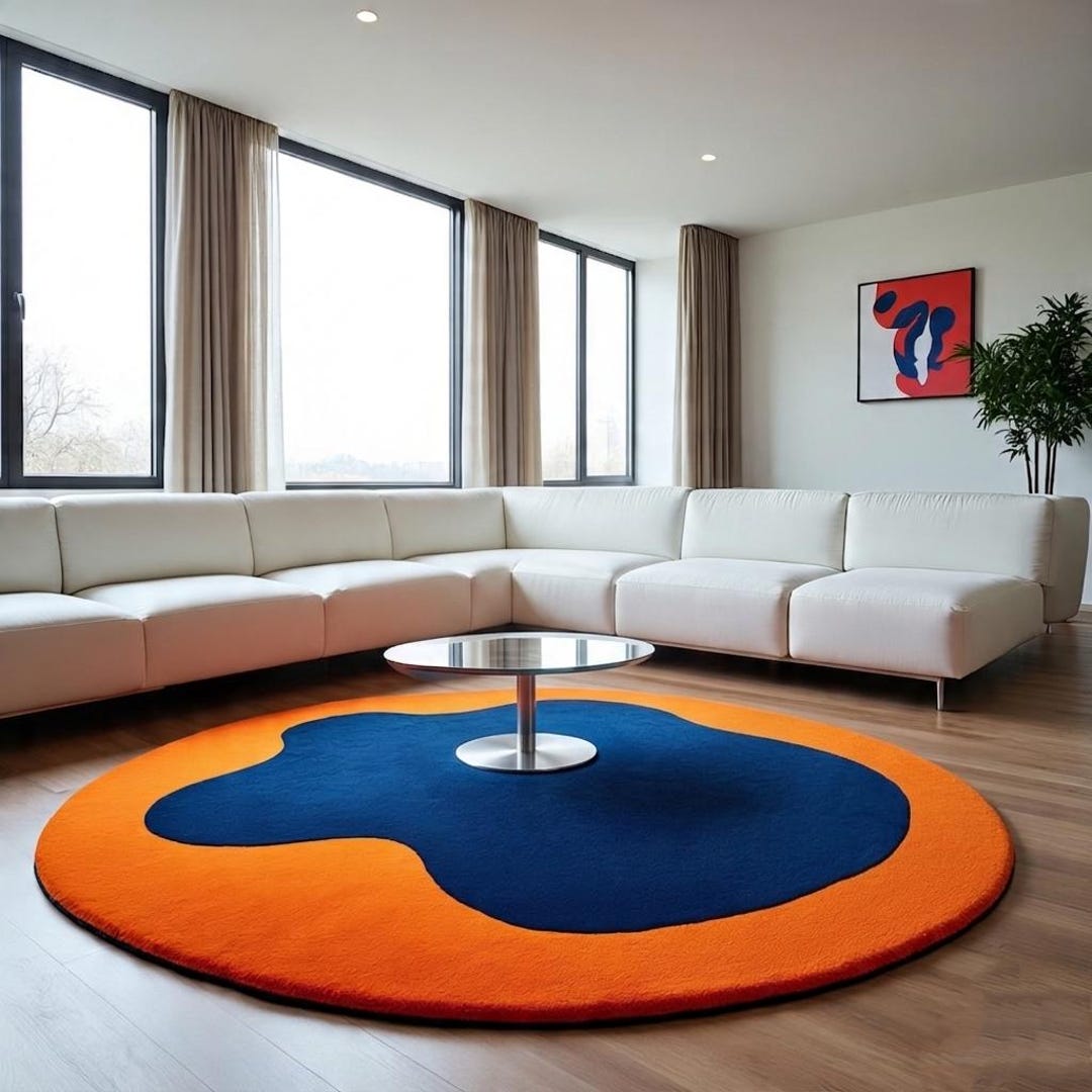 Round Abstract Wool Area Rug | Modern Amoeba Hand Tufted Rug | Orange ...