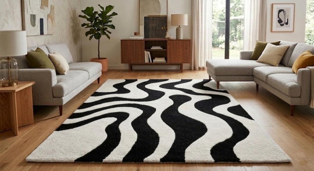 Abstract Wavy Area Rug - Black & White Organic Wave Pattern Carpet. - Etsy