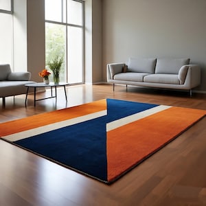 Modern Geometric Area Rug - Navy Blue & Burnt Orange Color Block Carpet - Minimalist Bauhaus Floor Decor - Bold Triangular Abstract Rug.