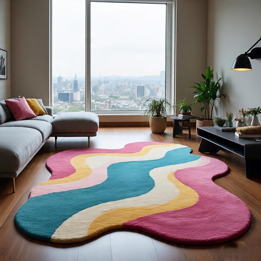 Puddle Rug Shape Mid-century Modern Wavy Irregular Area Rug | Colorful Abstract