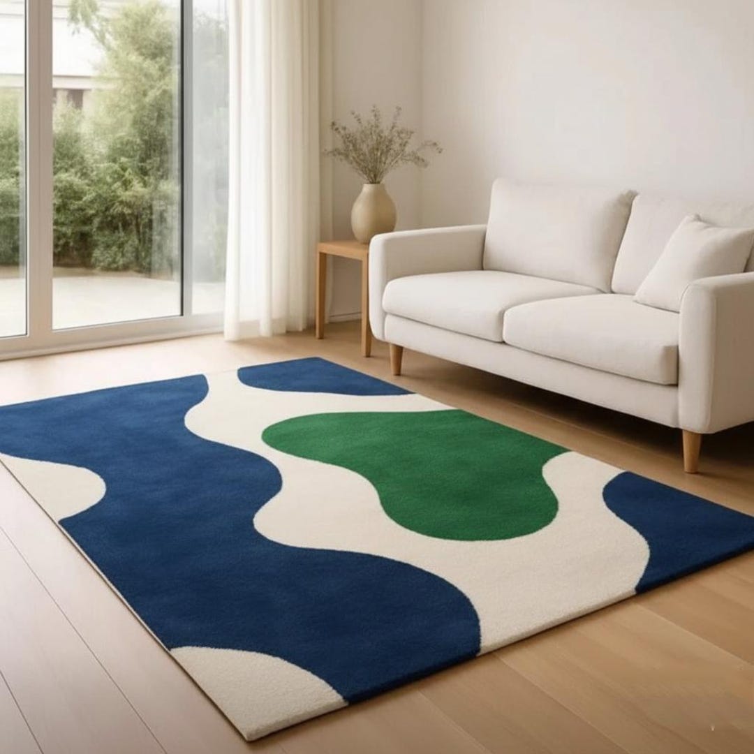 Abstract Color Block Area Rug – Navy, Green, & Cream Hand-tufted Decor ...