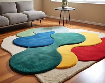 Abstract Amoeba Shape Rug, Modern Multicolor Area Rug, Hand Tufted Contemporary Carpet for Living Room Bedroom Decor