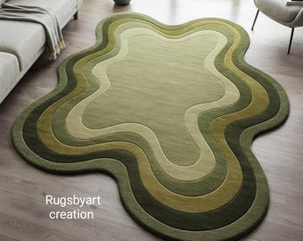 Organic Wavy Green Rug – Modern Layered Abstract Carpet